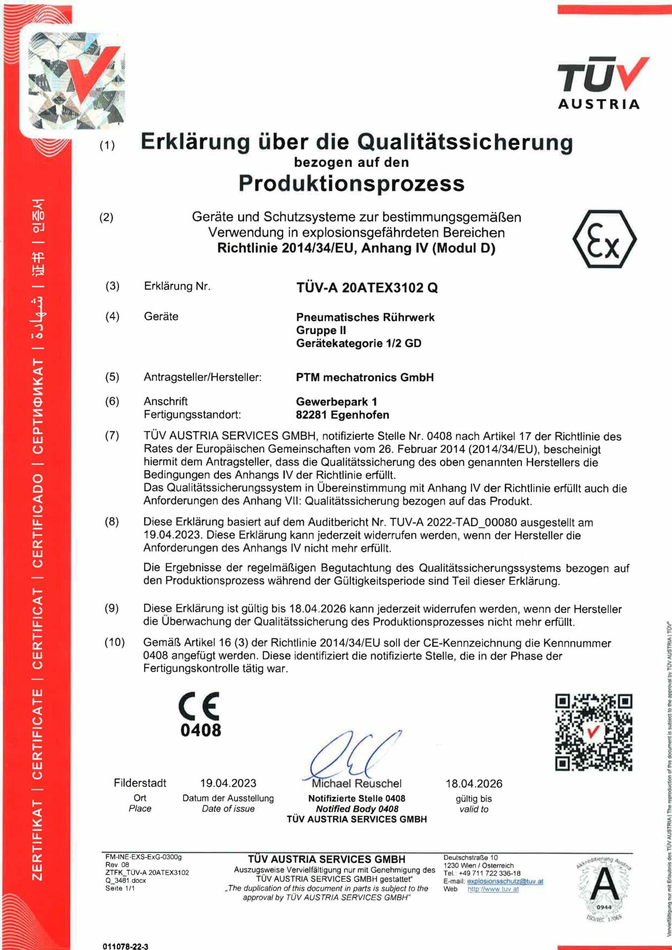 Zertifikat ATEX Erklärung über die Qualitätssicherung